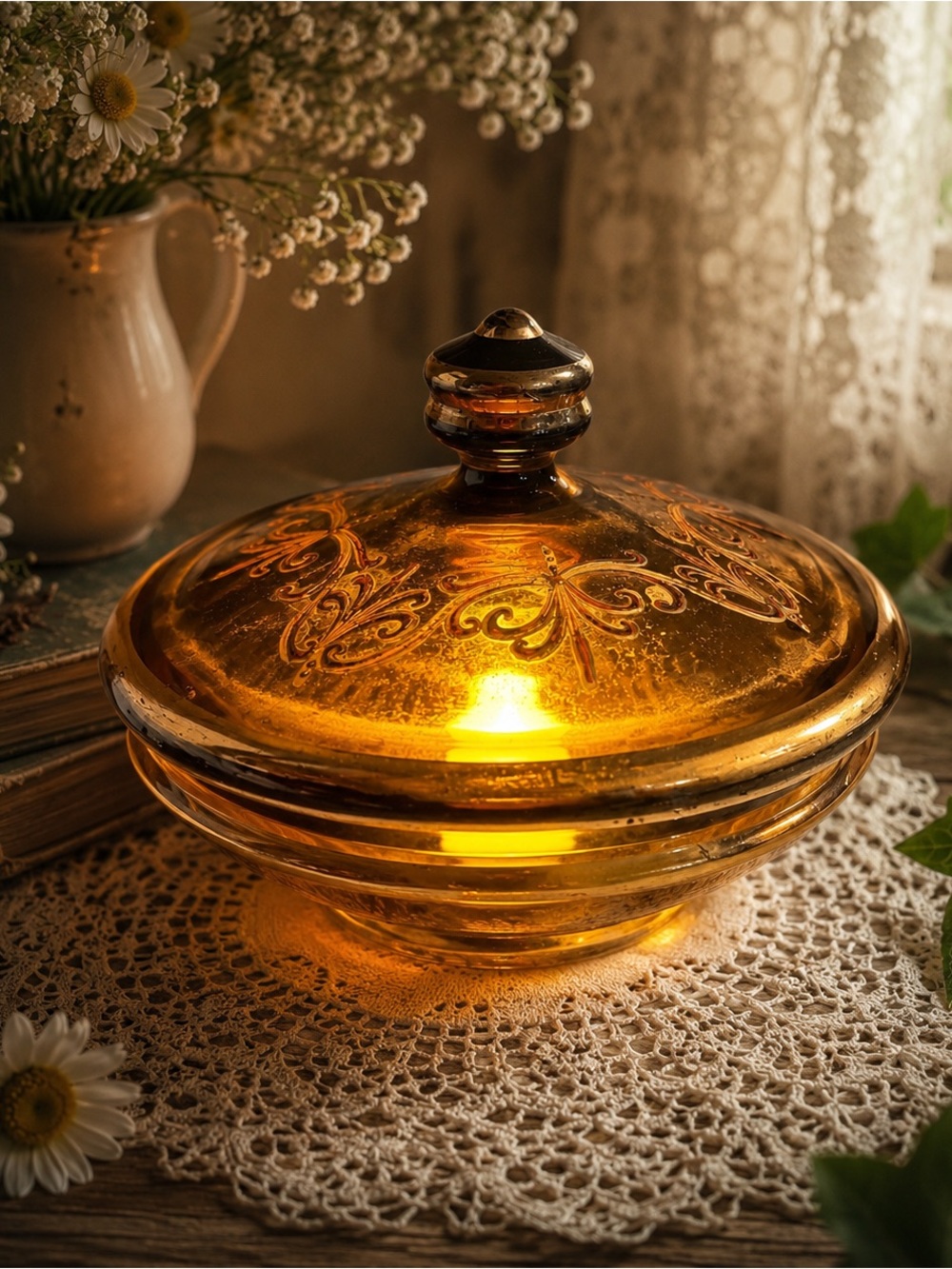 Vintage Amber Glass Candy Dish Fairy Lamp with Gold Trim | Art Deco Vanity Decor